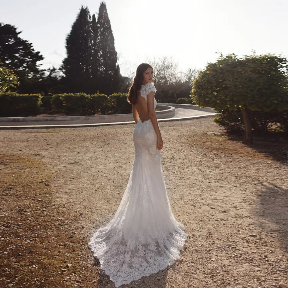 Customized Trumpet Wedding Dress Sexy Bridal Appliques V-neck Brush Train Lace Cap Sleeve Floor Length Dress Sexy Illusion 2025