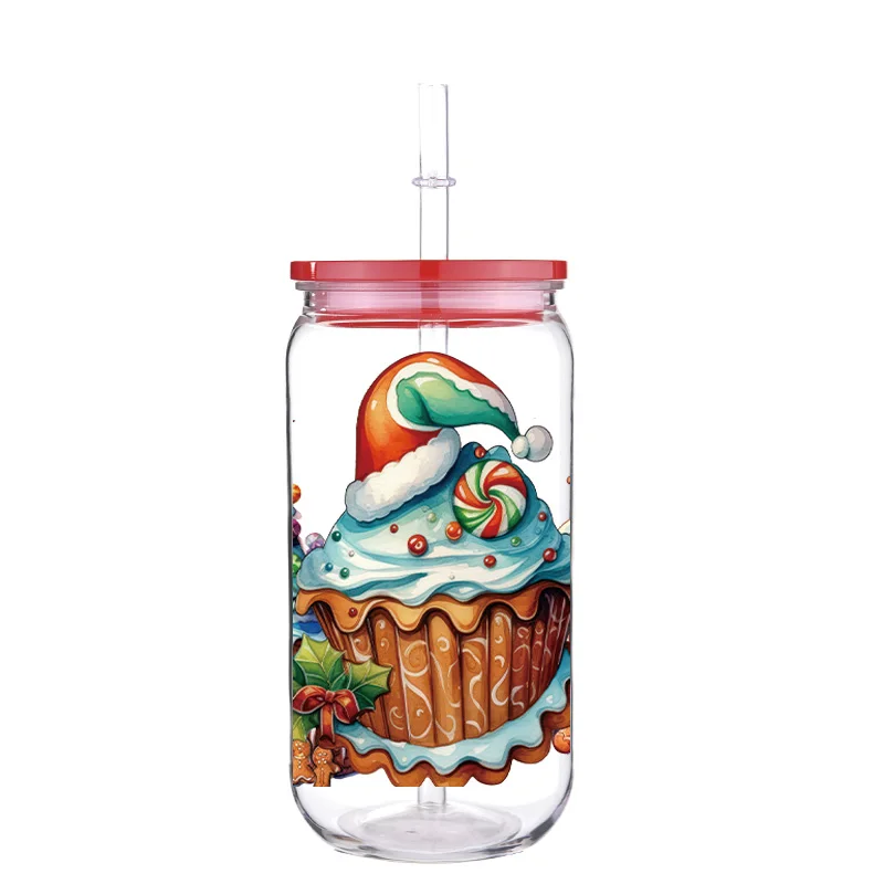 Christmas 16oz Printed PET Cup With Straw Red Lid Colorful Cartoon Design Can Hold Coffee Milk Water Multi Functional Cup image 5