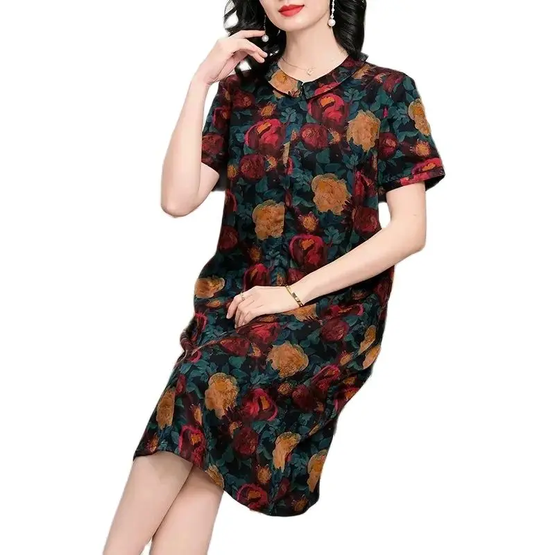 BirdTree, 100%Mulberry Silk Retro Dresses, Women's XiangYunSha Printed, Chinese Style Large Mom Dress, 2024 Summer New D44441QC