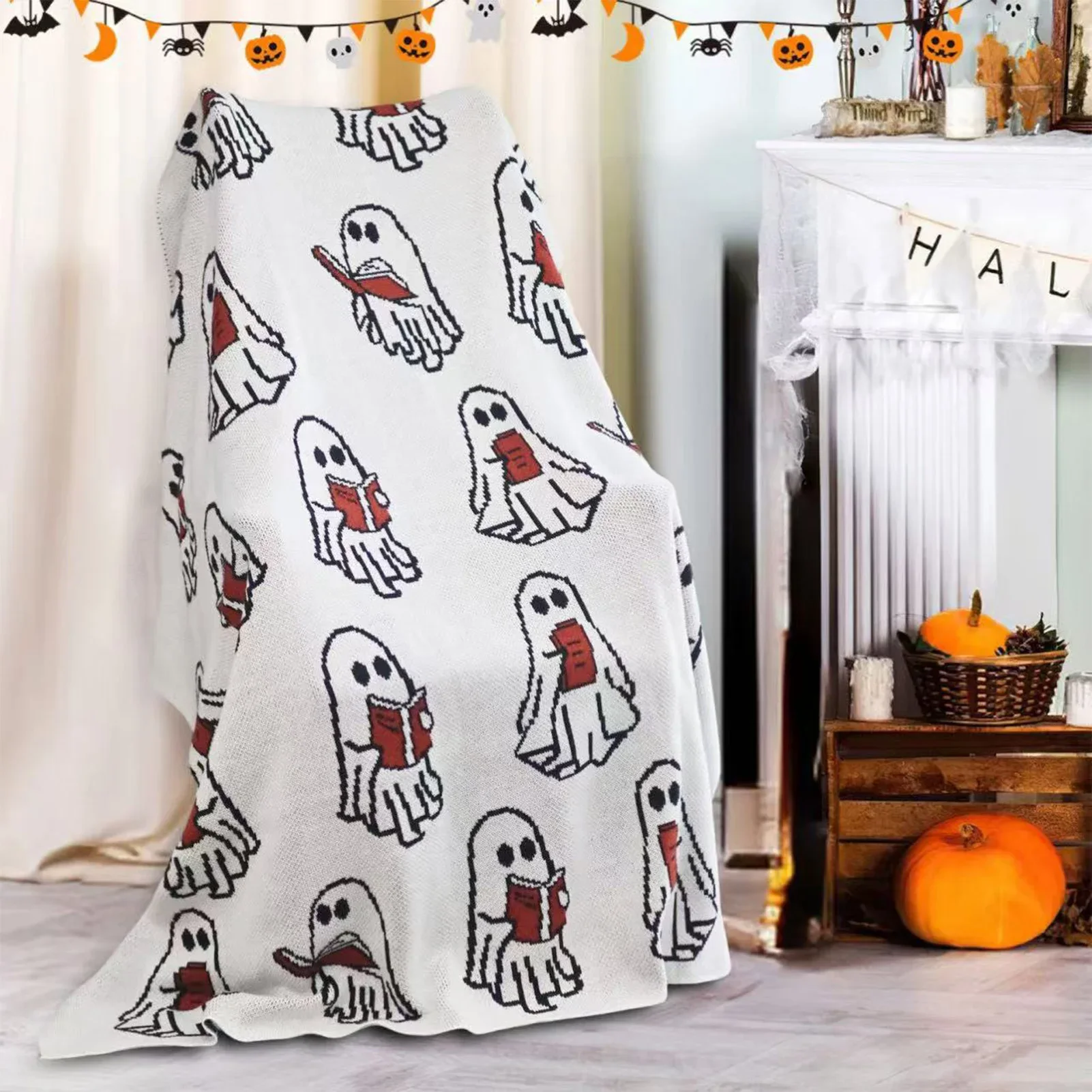 1 Piece Ghost Knit Blanket Soft Acrylic Yarn Throw for Halloween Home Decor Faux Sofa Afghan Warm Bedding Cover