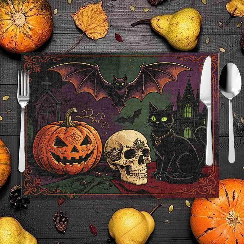 VIKAMA 2/4/6pcs Halloween Table Mat Ghost Pumpkin Bat Black Cat Castle Skull Table Mat Retro Table Decoration