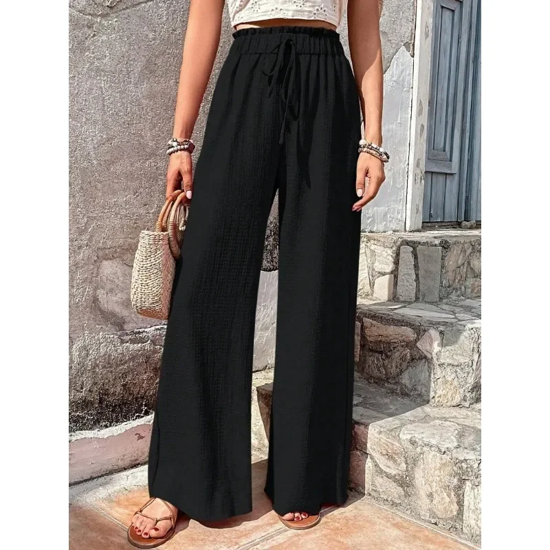 Pantalones de vestir de pierna ancha para mujer, ligeros, de cintura alta, con nudo de lazo ajustable, pantalones de salón sueltos, pantalones casuales de negocios