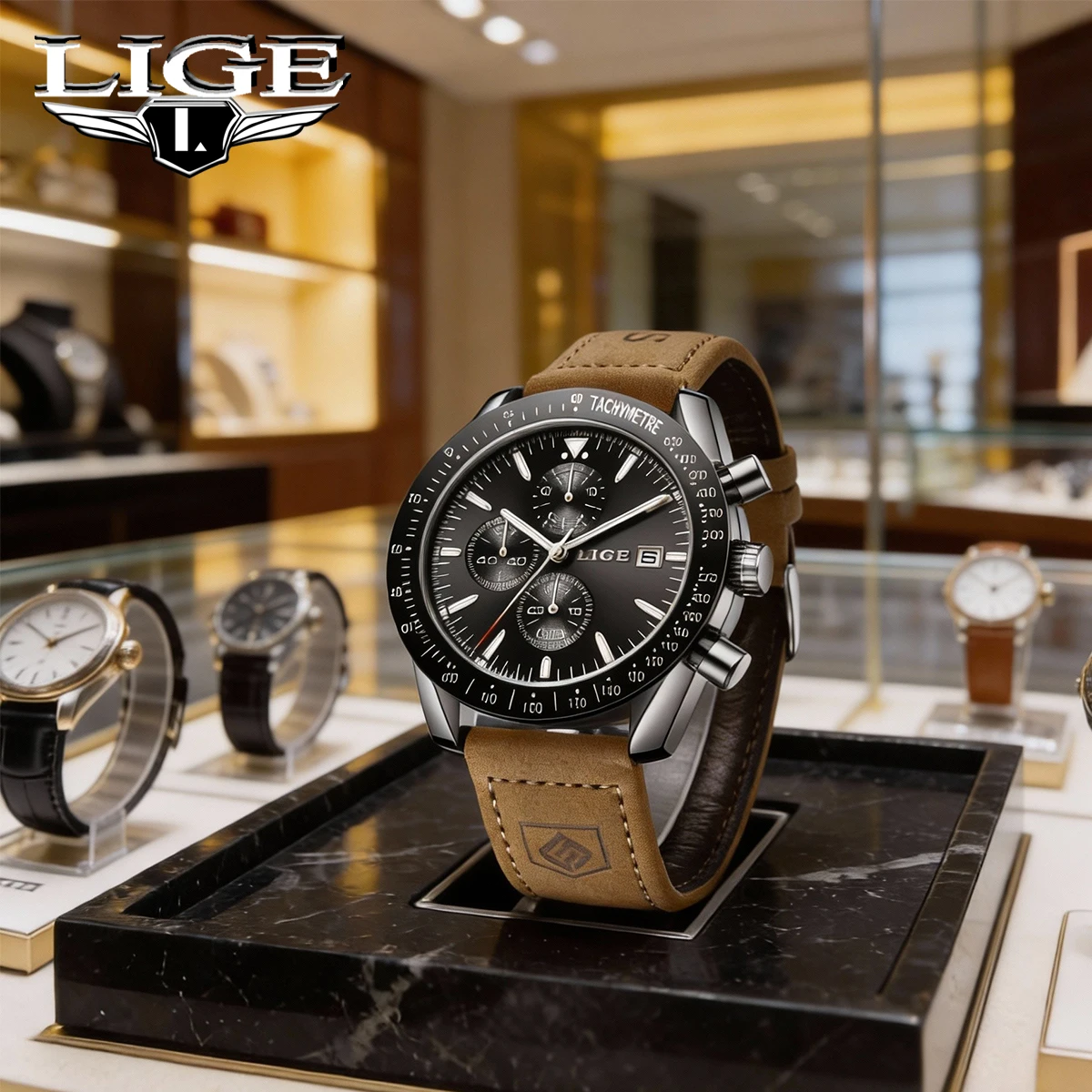 

Мужские часы LIGE Luxury Business, водонепроницаемые, с люминесцентным покрытием, кожаный ремешок, кварцевый механизм, хронограф, указатель даты, Relogio Masculino