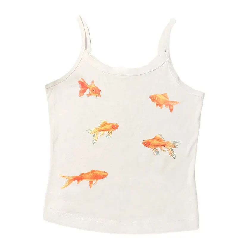 Abstract Goldfish Print Square Neck Slim Fit Strap Street Style Sexy Versatile Slimming Casual Vest Summer Polyester Fabric