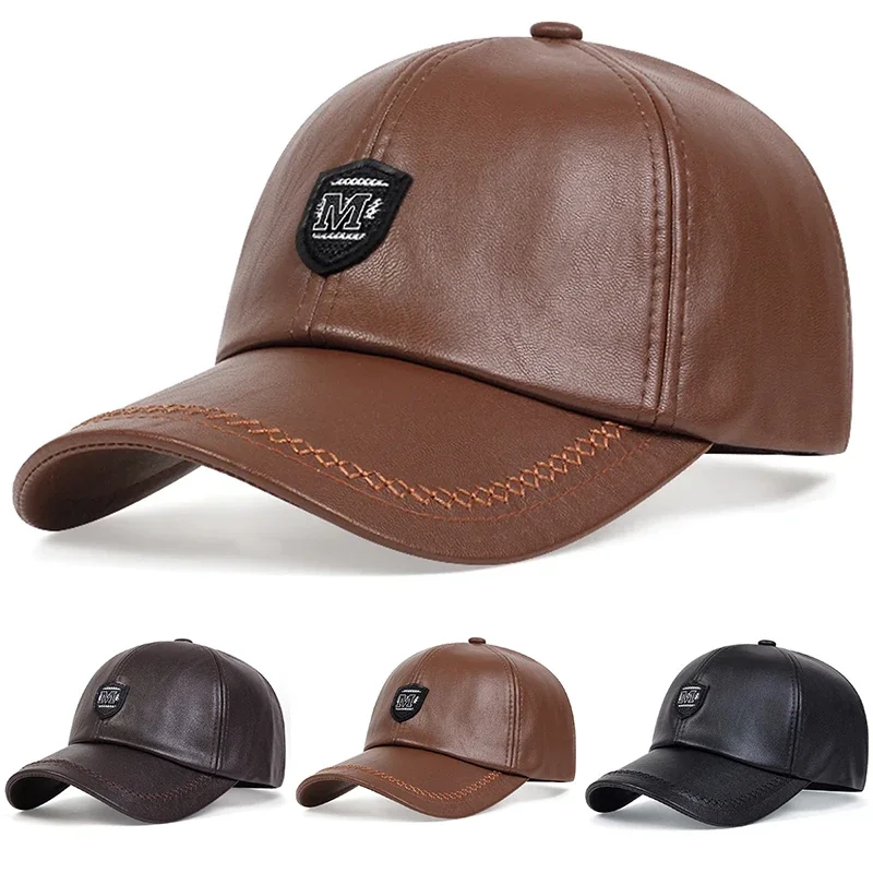 Unisex M Label Baseballkappen aus Leder für Frühling und Herbst, verstellbare Freizeithüte für den Außenbereich, Hip-Hop-Hut, Sonnenschutzhut