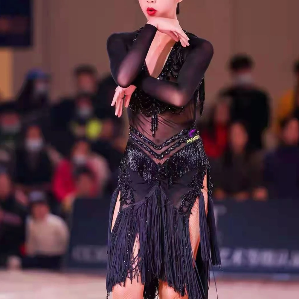 New Latin Dance Dress Female High-End Rhinestone Fringe Dress Red Competition Dress Samba Salsa Rumba Show Stage Costume BL6596