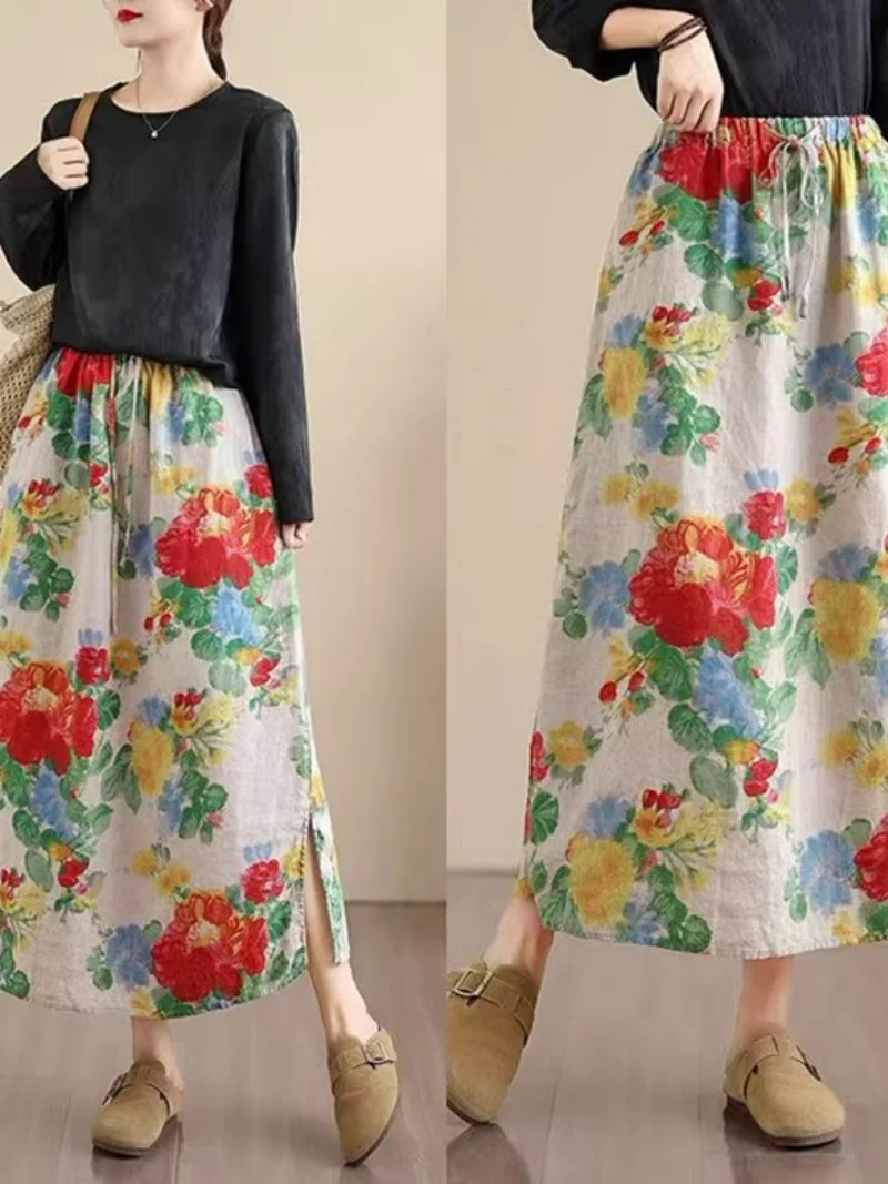 Women's Skirt 2025 Summer Colors Vacation Style Travel Retro Long Skirt Cotton And Linen Solid Color Long Split Skirt w673