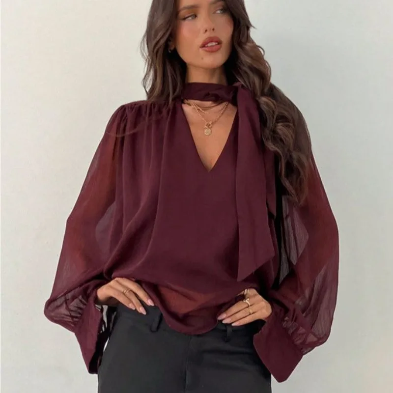 

Summer New Wine Red Bubble Sleeve Shirt Fashionable Chiffon Ribbon V-neck Long Sleeved American Spicy Girl Chiffon Shirt