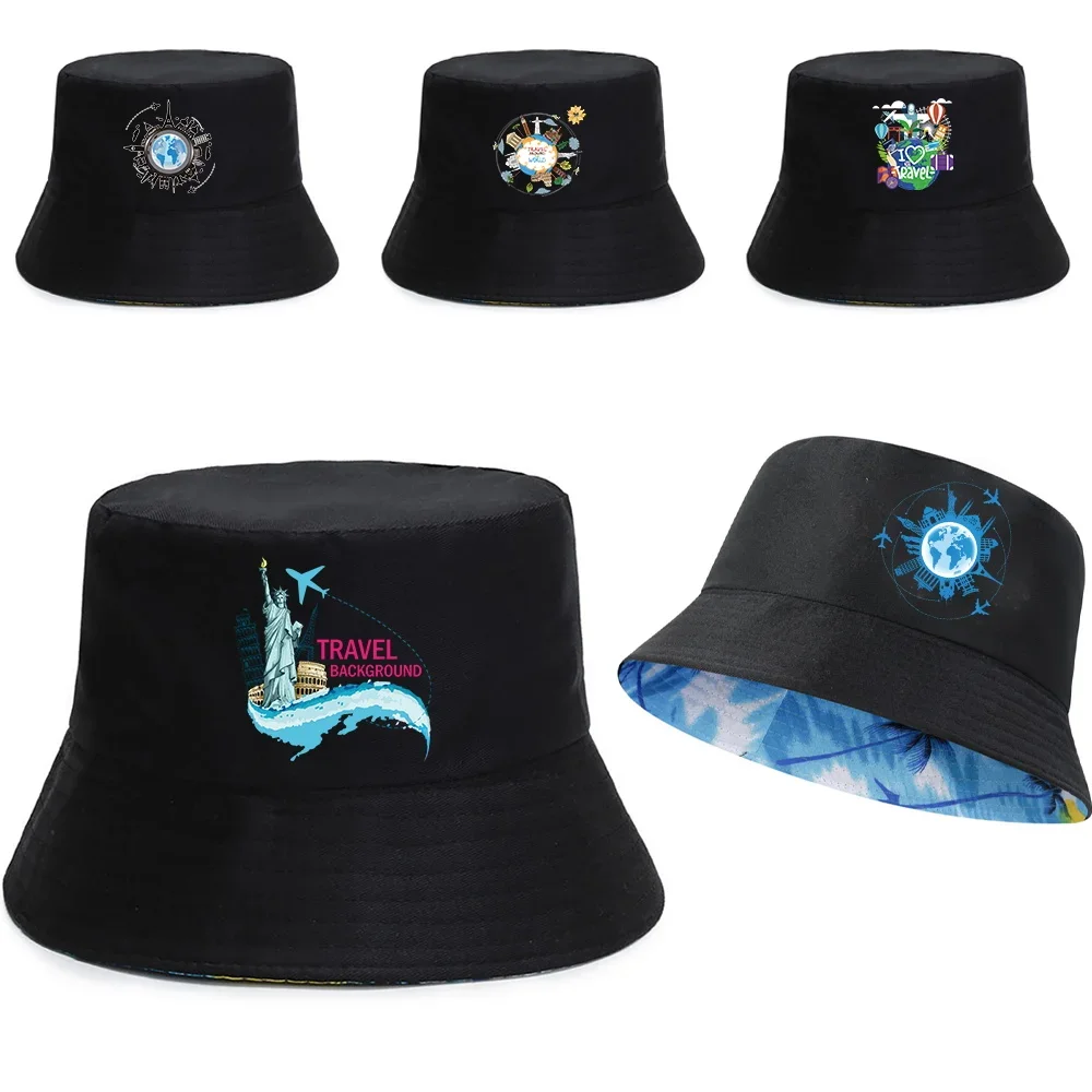 

Double-sided Fisherman Caps Women Summer Sunscreen Visors Cap Travel Print Pure Cotton Bucket Hat Men Casual Beach Fishing Hats