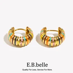 E.B.belle Hypoallergenic Colorful Enamel Round Circle Textured Caterpillar Hoop Earrings Gold Plated Stainless Steel Earring
