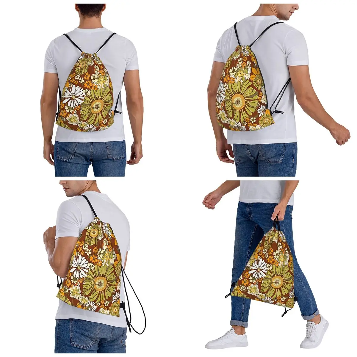 70s Retro Vintage Flower Power Pattern Boho Backpacks Portable Drawstring Bags Storage Bag Book Bags for Travel Students