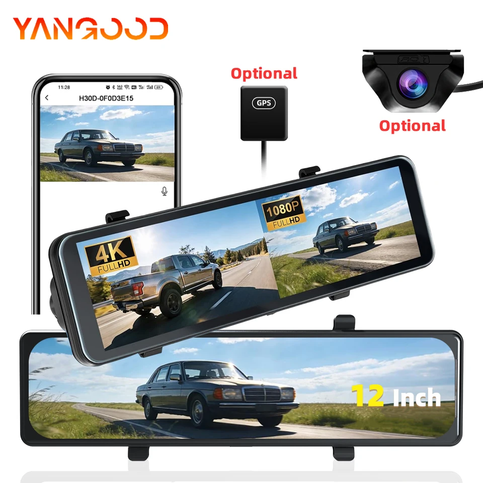 4K Touch Screen GPS Mirror Dashcam 12'' Rearview Front Optional Rear Dual Lens Parking Assist APP Control 24/7 Parking Monitor