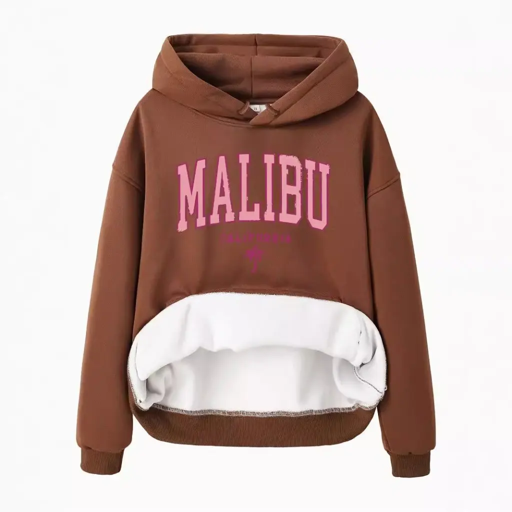 Sudadera de manga larga con capucha para mujer, Top con forro polar y estampado MALIBU, estilo europeo y americano para Otoño e Invierno