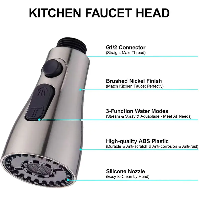 G1/2 Kitchen Faucet Sprayer Head Replacement - Pull Down Faucet Spray Head 3 Function Kitchen Tap Spray Spout Part