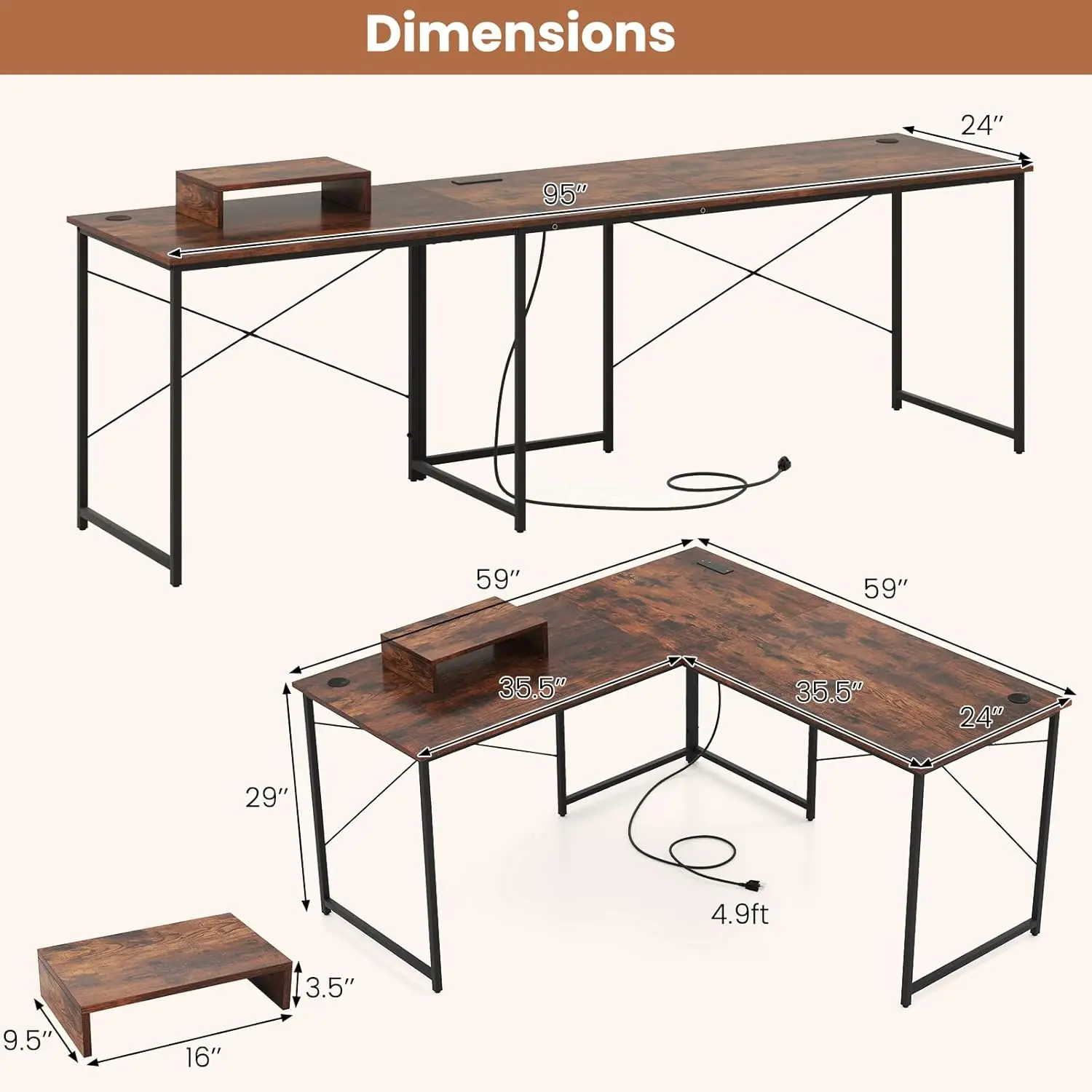 L-Shaped Computer Desk with Power Outlets, 95\u201d Long 2-Person Desk with Monitor Shelf, Modern Corner Desk Gaming Table with