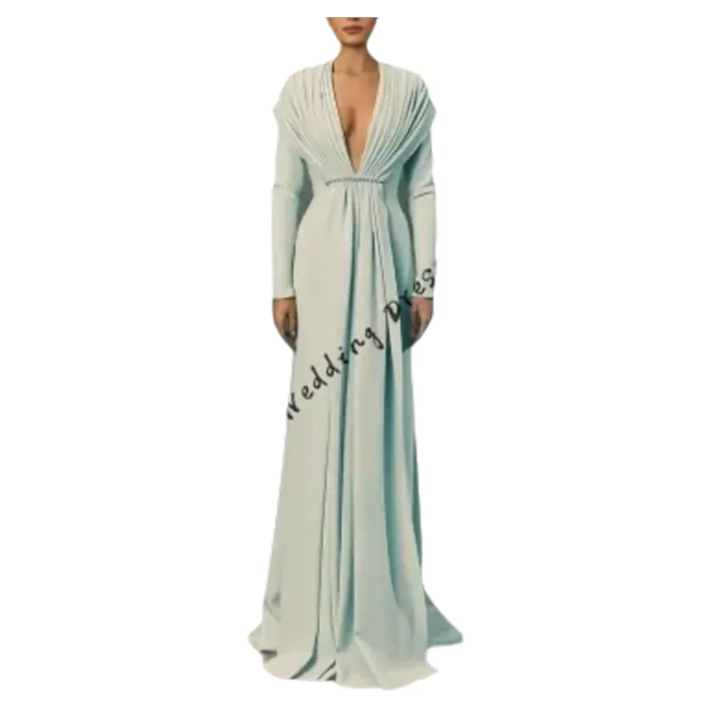 

customized High Quality Jersey Crystal Evening Dresses Temperament Long Sleeves V-Neck Prom Dress Custom Size Party Dr