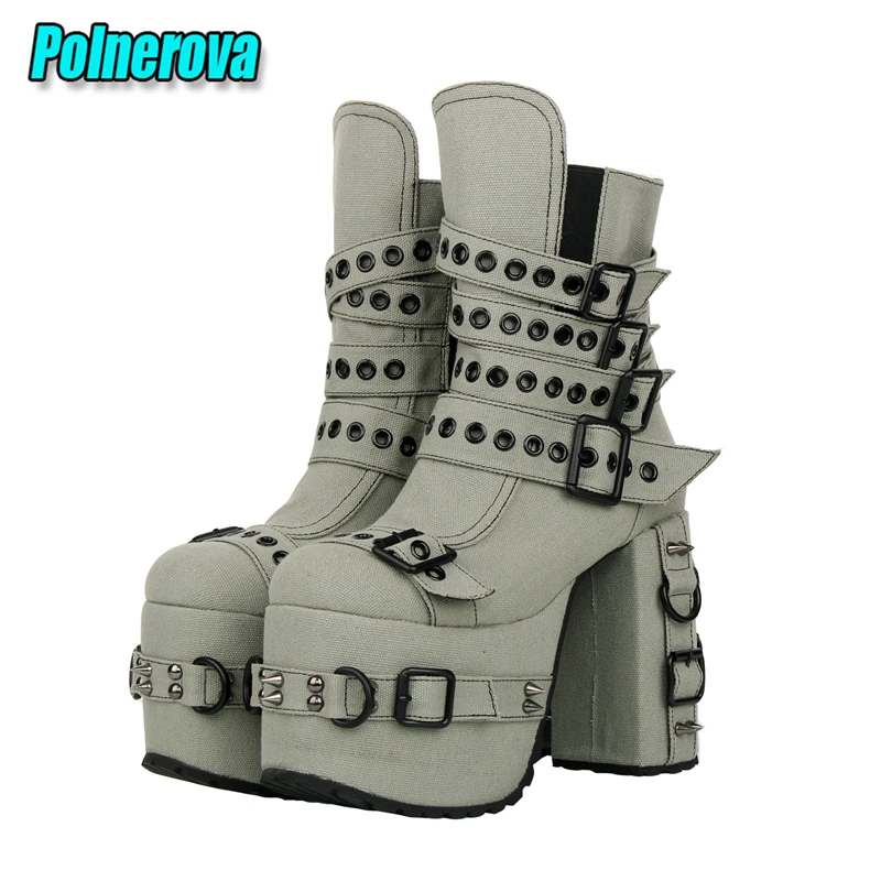 Punk Round Toe Platform 13Cm High Heels Short Boots Gothic Style Belt Buckle Thick Heel Cowboy Boots Autumn Winter Women's Shoes