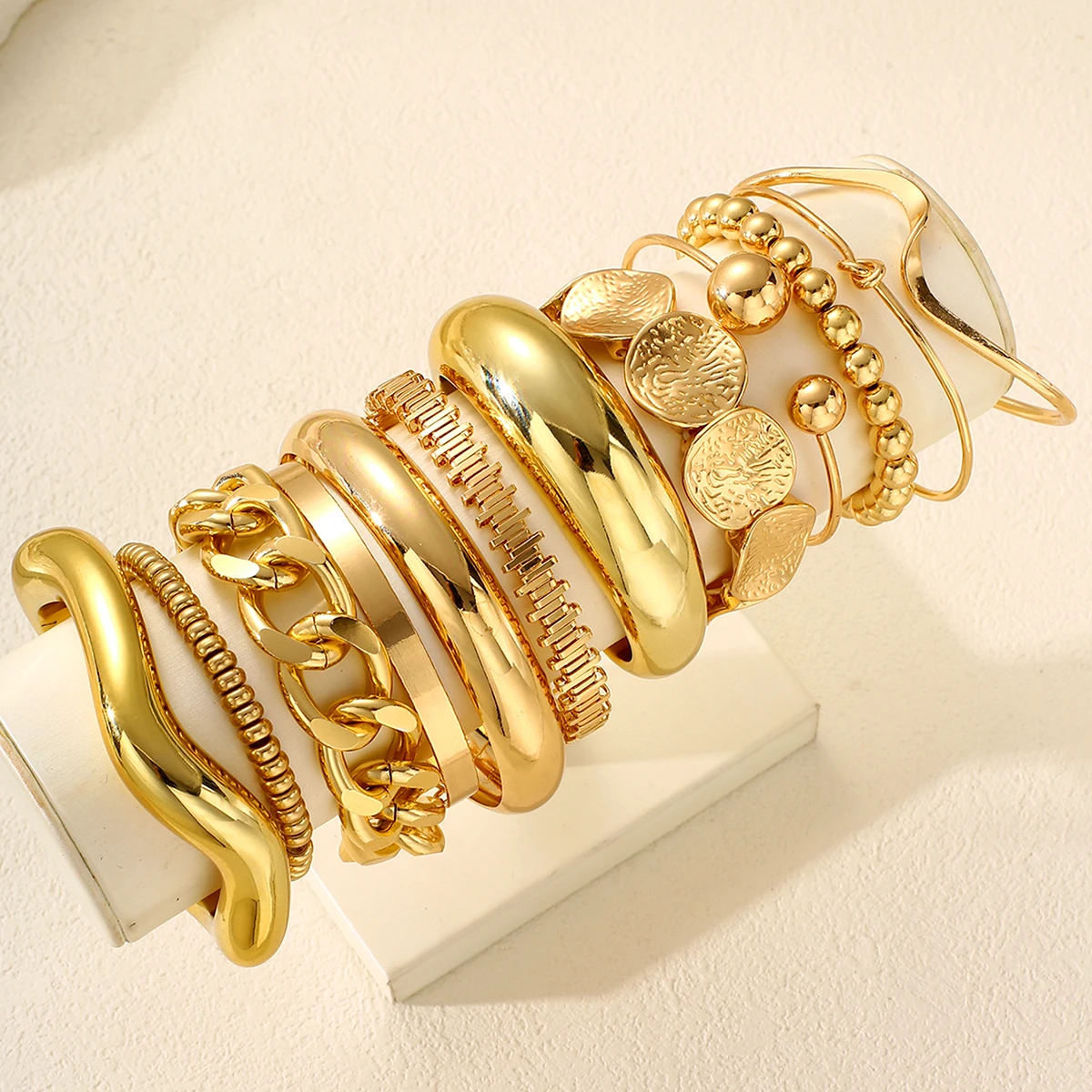 12Pcs Gold Color Stackable Bracelet Set For Women Fashion Chunky Bangle Set Trendy Open Cuff Boho Party Daily Wear Jewelry Gifts