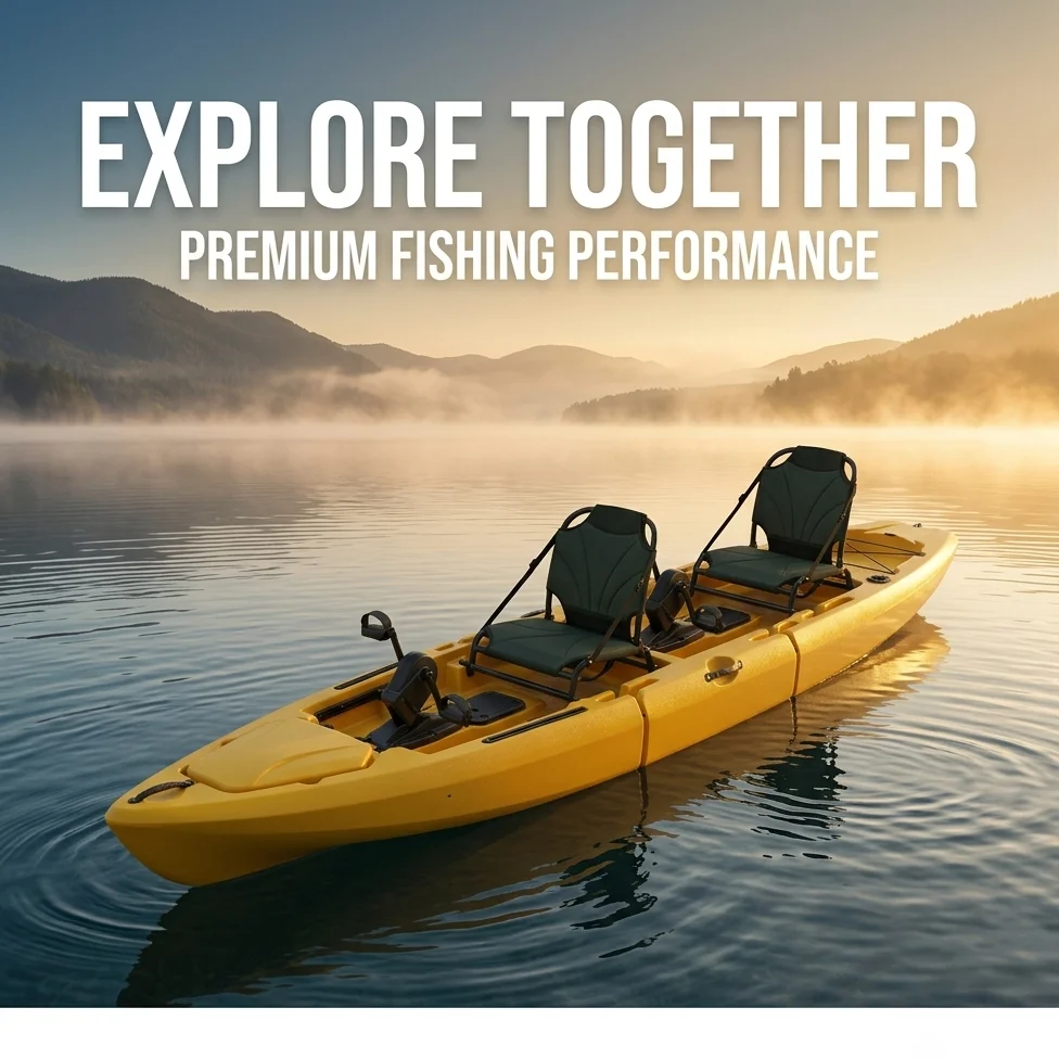 Modular Tandem Kayak, Two Seater Sectional Hull, Propeller Pedal Drive System, Yellow HDPE Plastic, for Lake River Ocean Fishing