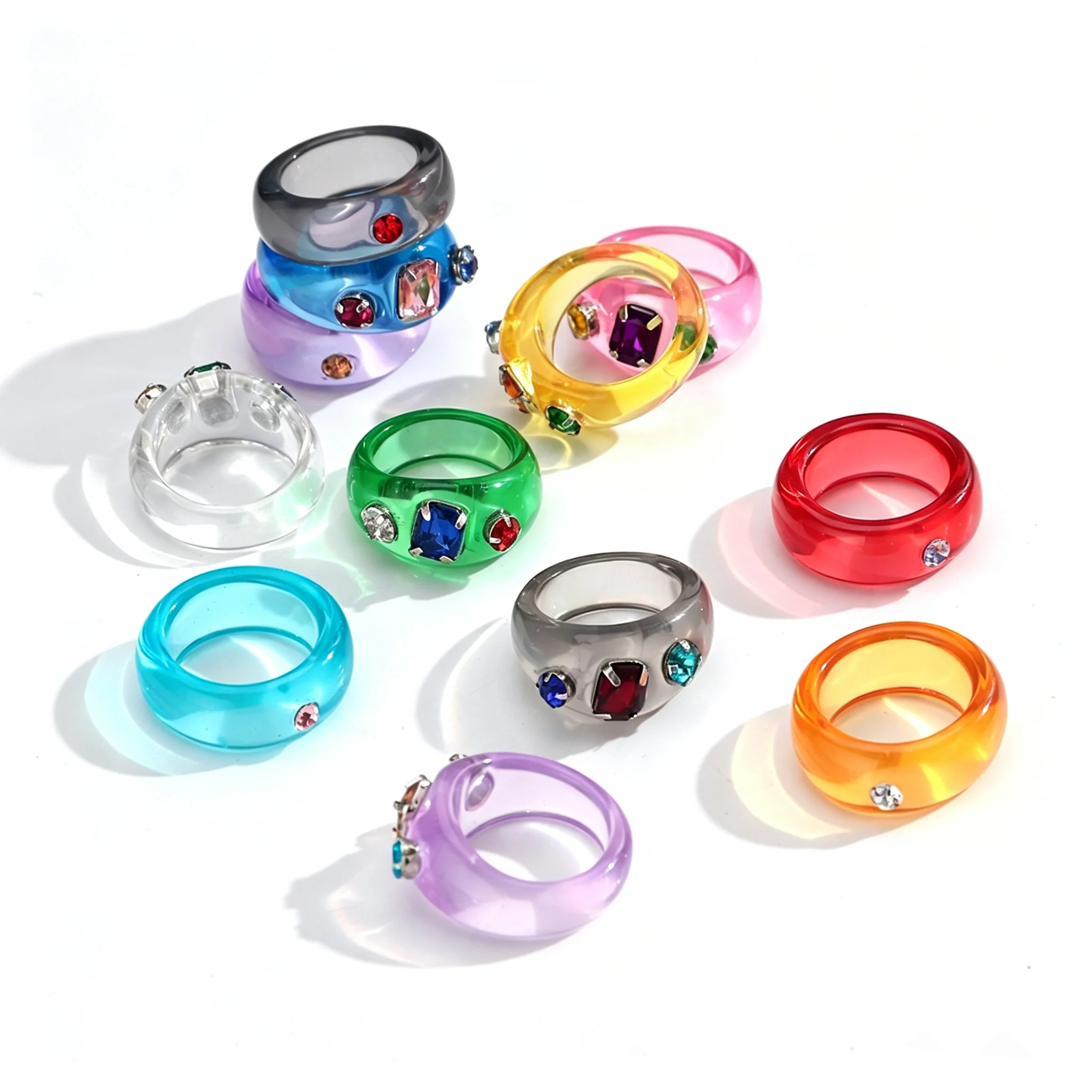 Exquisite Clear Colorful Ring with Rhinestone for Women Cute Resin Geometric Round Ring Sweet Jewelry Gifts