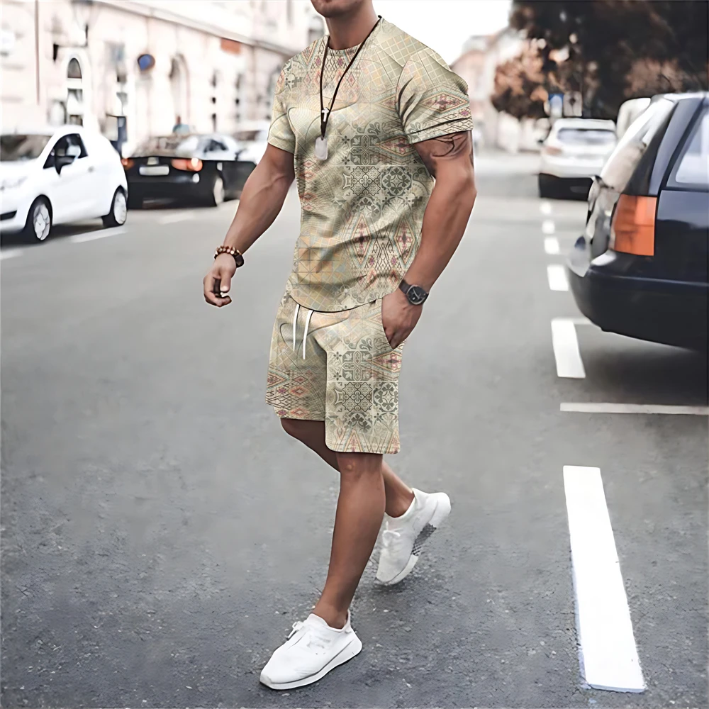 Men Summer Tracksuits Short Sleeve T Shirt Shorts Sets Print Men\'s Clothing Oversized T-shirts Suits Fashion Sportswear Outfits