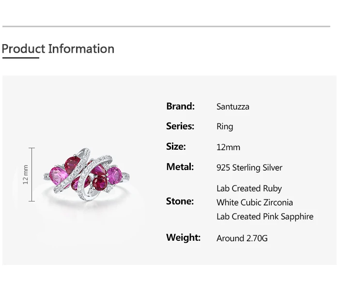 SANTUZZA 925 Sterling Silber Ringe für Damen, Laborgezüchteter Rosa Saphir, Rubin, Weißer CZ-Ring, Glamouröser Hochzeitstrend, Edle Schmuckstücke – Detail 2