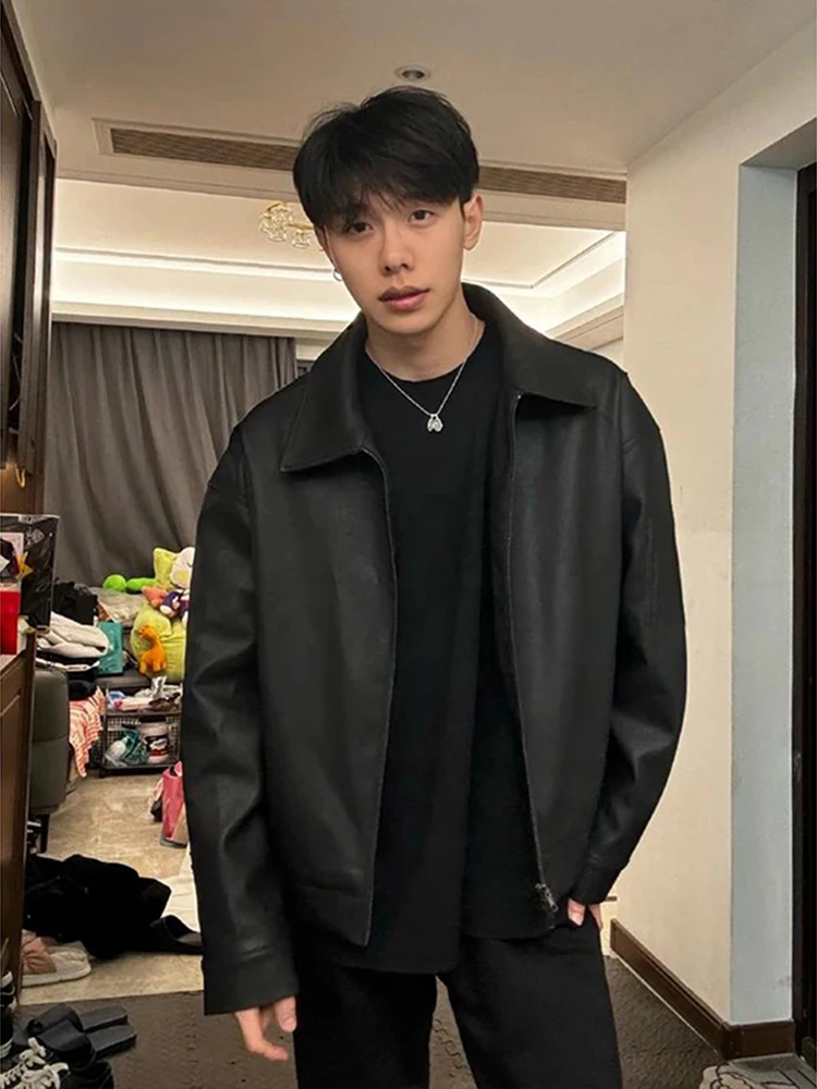 

American Sle Men's Bla Leather Jaet Baseball Collar ort Coat Vintage Motorcycle Jaet Spring Autumn High Sensation