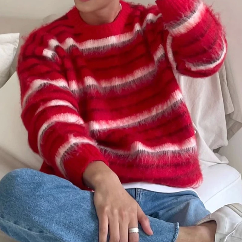 

Мохеровый мужской свитер в полоску с цветными блоками, трикотаж, зимний пуловер с круглым воротником, рождественский свитер в стиле Харадзюку, мужская уличная одежда в стиле хип-хоп