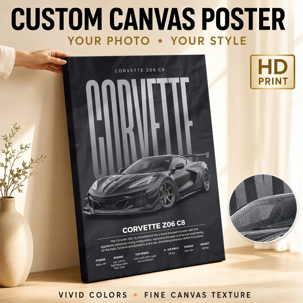 Black Sleek Car Corvette Z06 C8 Framed Canvas Poster Customized Photo Modern Minimalist Style Wall Art Garage Decor Driver Gift
