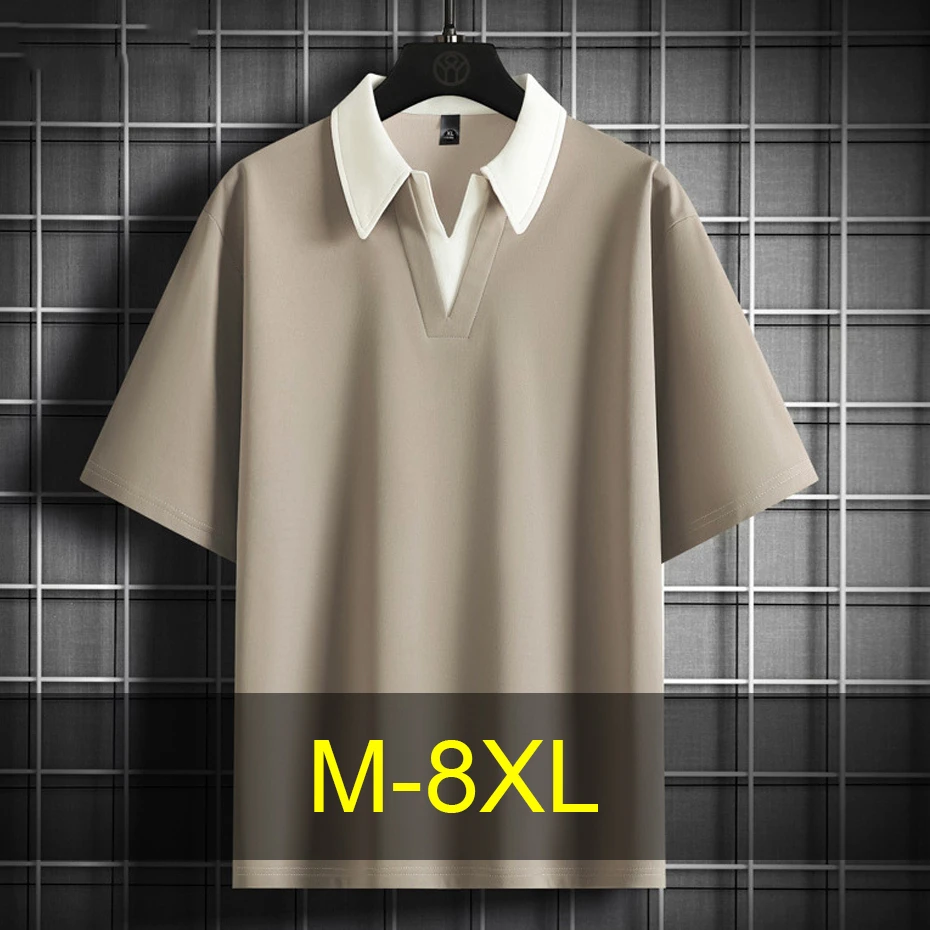 

Summer V-neck T-shirt Men Plus Size 8XL Short Sleeve Tshirt Turndown Collar Tops Tees Male Fashion Casual Shirts Big Size 8XL