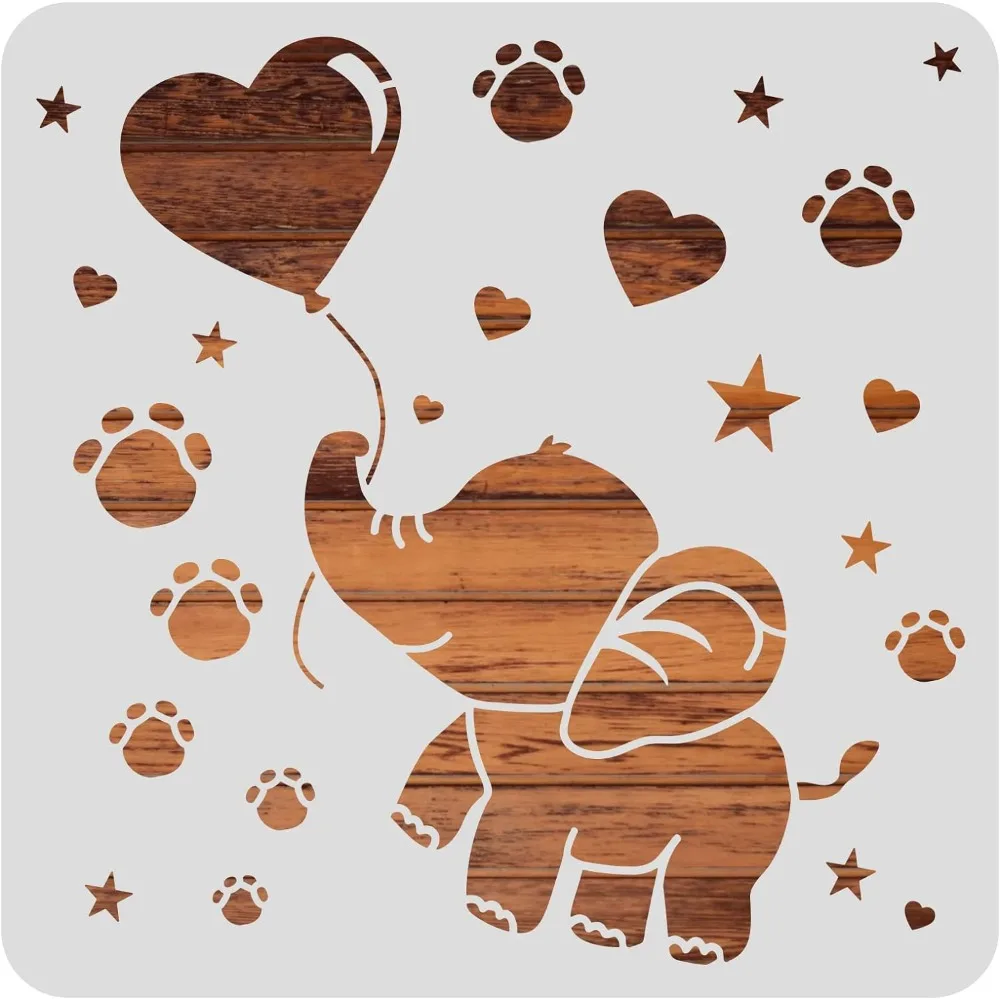 Elephant Plastic Painting Stencil, Heart Balloon Footprint Drawing Template for Art Painting on Wood Scrabooking Cardmaking Wall