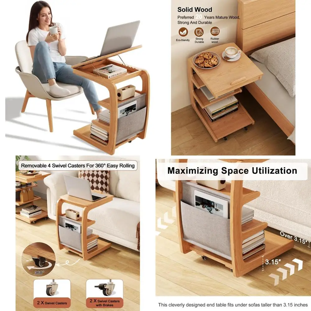 

C-Shaped Wooden Side Table, Couch Desk with Lockable Wheels, 4-Tier Storage Couch Table, Compact Rolling TV Tray