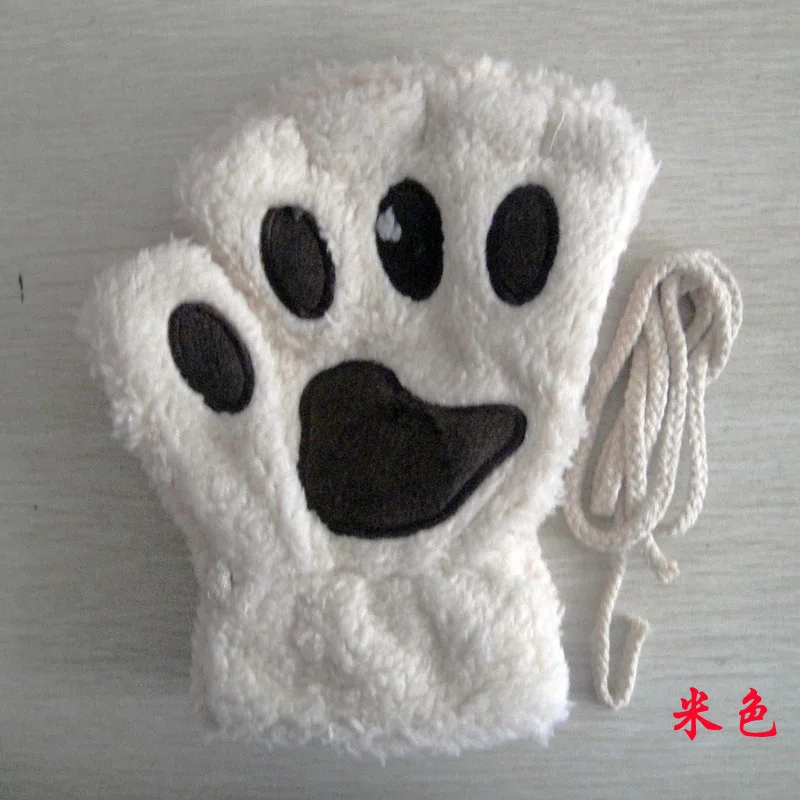 Women Lovely Cartoon Fluffy Bear Cat Claw Paw Mittens Winter Female Half Finger Plush Gloves Ladies Fingerless Warm Gloves G22