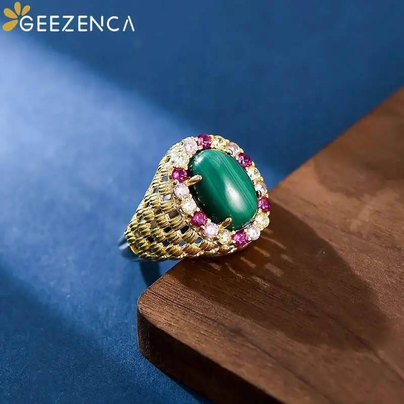 GEEZENCA 925 Sterling Silver 2-tone Malachite Statement Chunky Rings With Zircon Clearance Limited Stock First Come First Get
