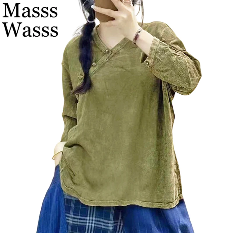 Masss Wasss Spring Loose Vintage Tee Shirts Ladies 2026 Chinese Design Causal Soild Tops Womens Fashion Classic V Neck Clothes