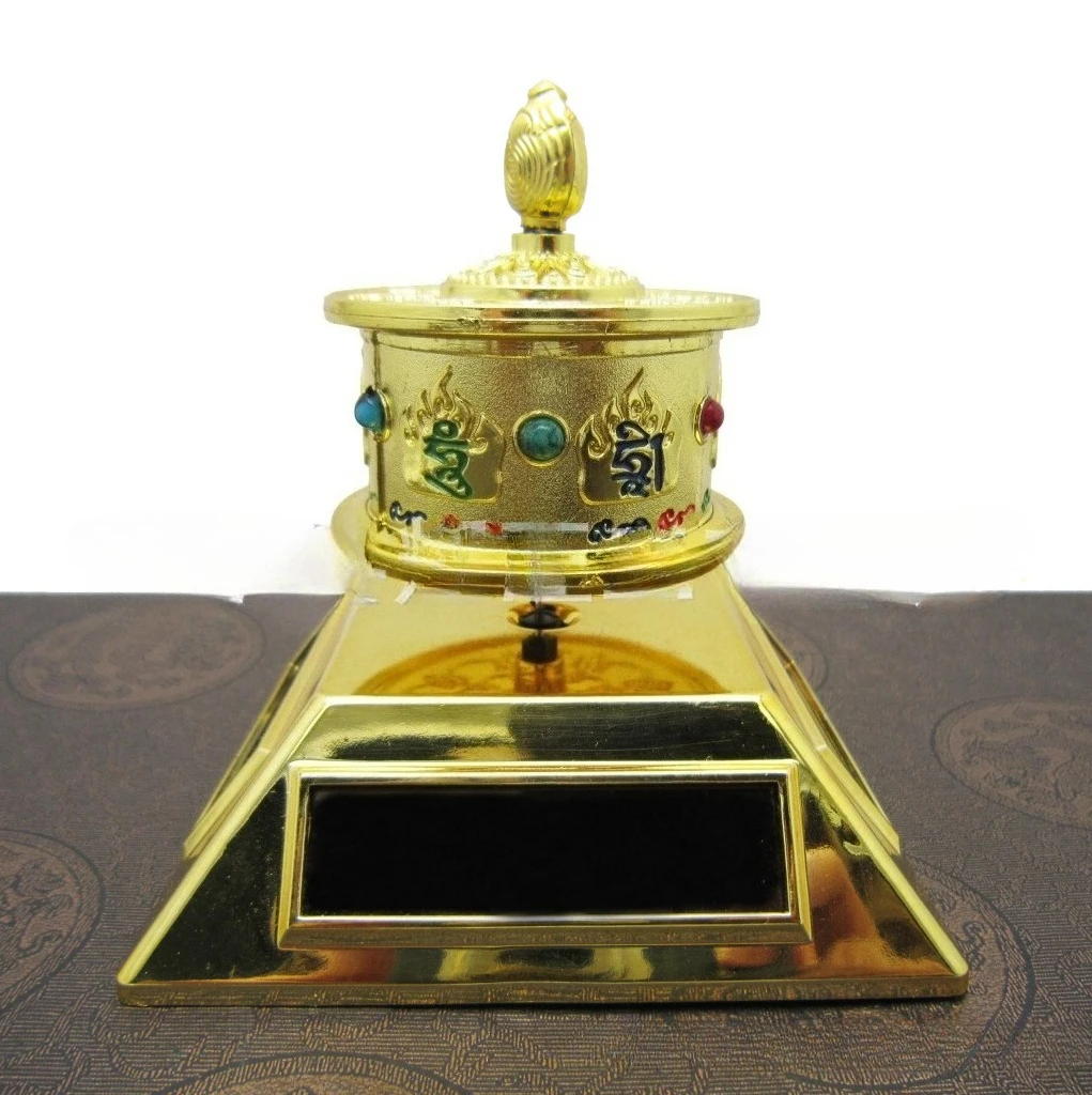Colorful Solar Powered Prayer Wheel, Rotating Tube, Six Characters, Great Ming Mantra, Battery Dual-use, Lotus Flower Design