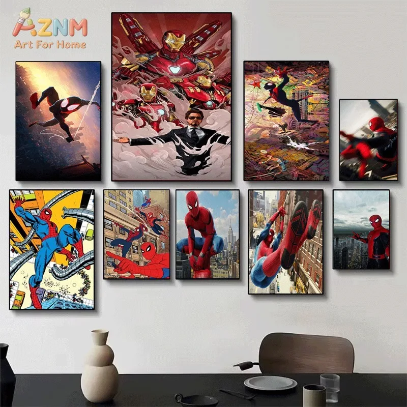 Marvel Iron Man Spider-Man Miles Morales Canvas Wall Art Superhero Poster Combo For Boys Bedroom Gaming Room Home Decor No Frame