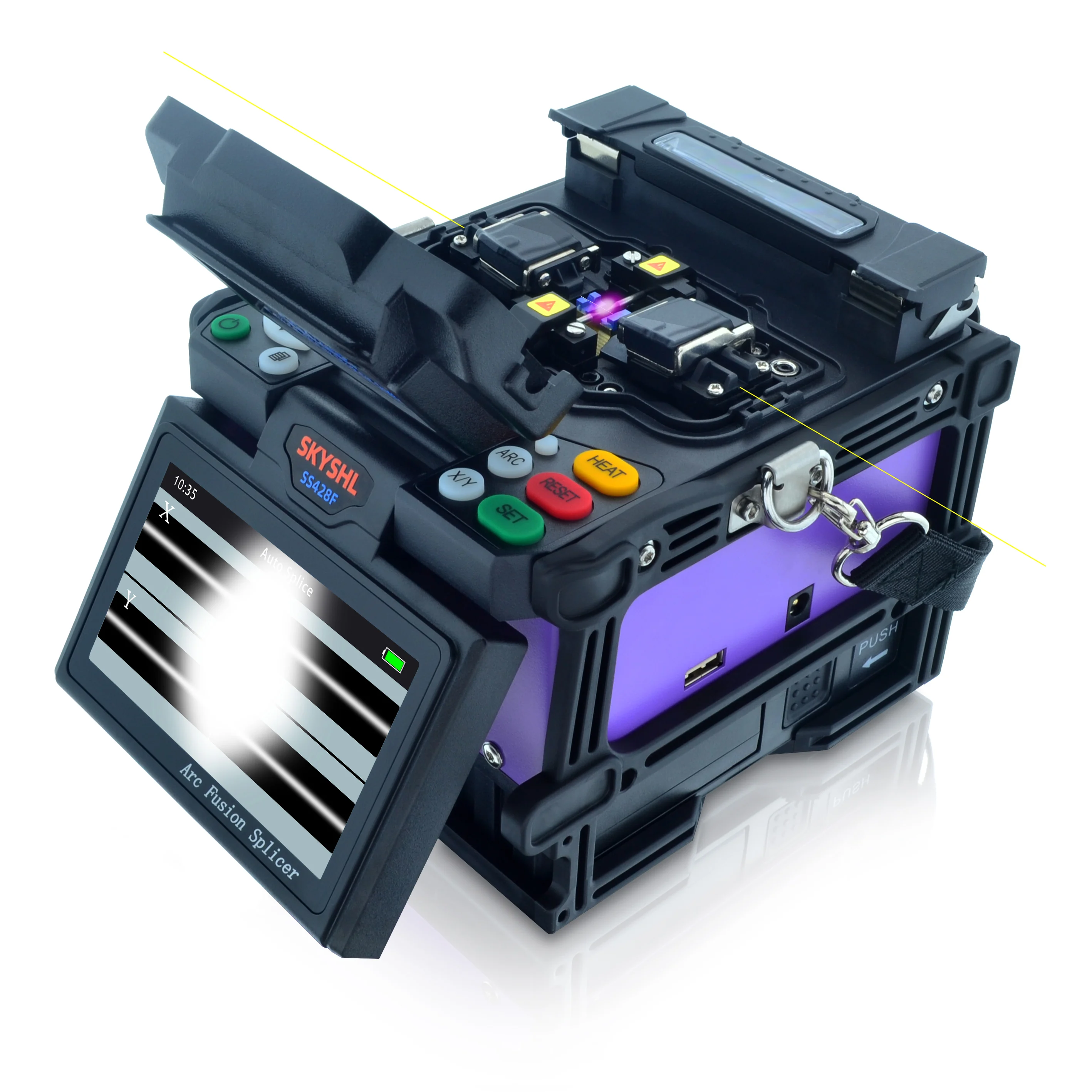 SKYSHL Core Alignment Fusion Splicer مع 10 * أقطاب كهربائية + 2 * بطارية + شاحن سيارة خسارة منخفضة ماكينة لحام ربط الألياف الضوئية