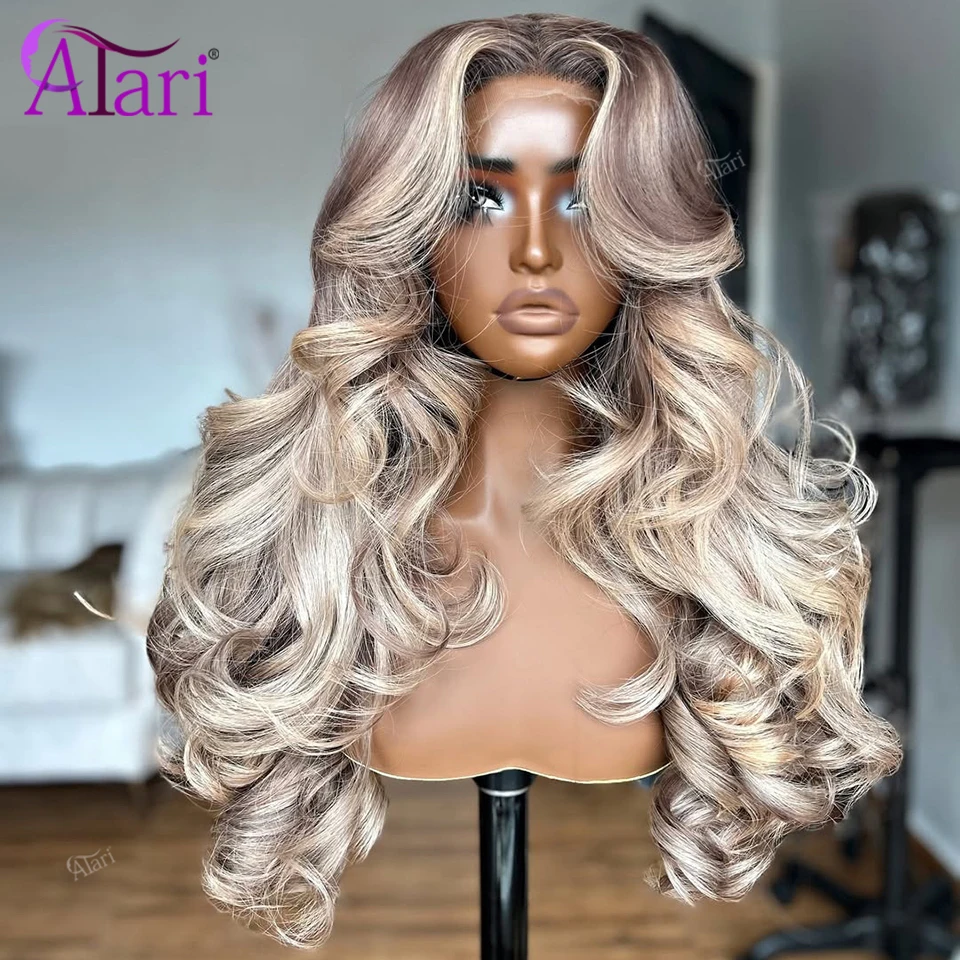 

180 Density Ombre Brown White Gray Human Hair Body Wave Wigs Transparent 13x4 13x6 Lace Frontal Remy Wig Pre Plucked for Women