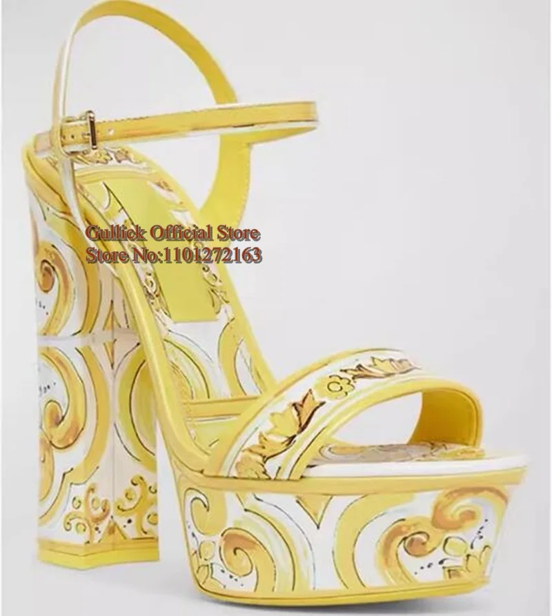 Bohemia Women Chunky Heels Sandals Yellow Print Pattern Leather Ankle Strap Platform Dress Shoes 14CM Summer