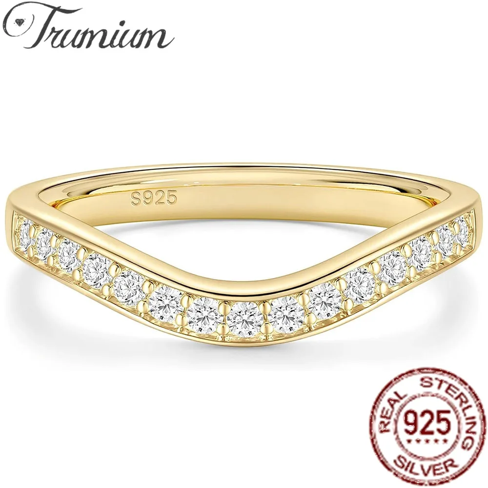 Trumium V Shape 925 Sterling Silver Half Eternity CZ Stackable Rings for Women 14K Gold Plated Curved Engagement Wedding Band