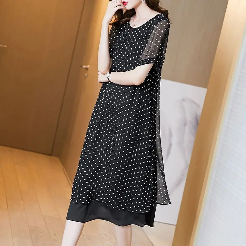 2023 New Summer Simple Style Light Mature Style Round Neck Polka Dot French Loose Relaxed Short Sleeve Celebrity Foreigner Dress