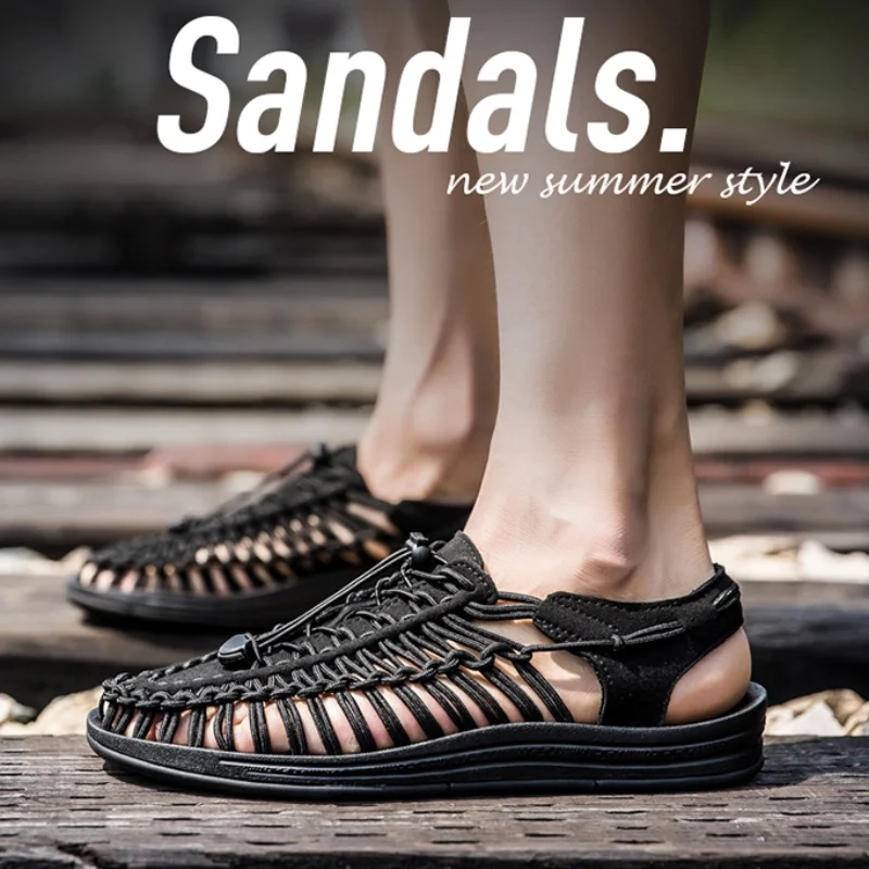 Summer men sandals women slippers woven design beach sandals breathable casual flat sandals outdoor large size sandals size 48