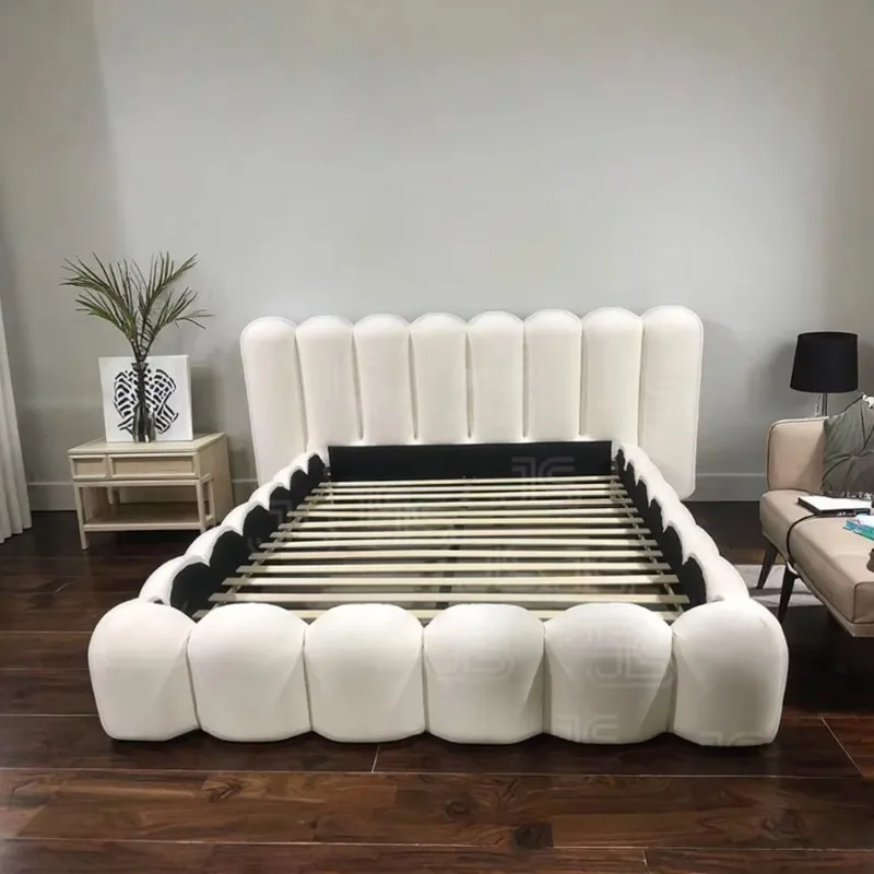 Custom Creamy Up-Holstered Beds Fabric Modern Upholstered Storage Bed Luxury Full Size King Size Wooden Double Bed Frames