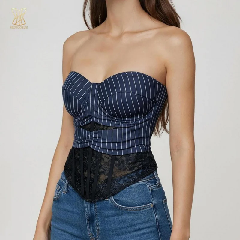 summer trendy design Strapless Mesh corset top With Bra and Bone shaping tummy korset Bustier Blue Crop Tops Women Clothing