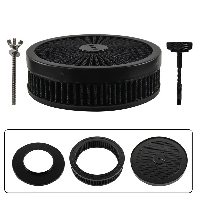 Full Flow Round 9''X2'' Air Filter Assembly Kit Washable &Resuable Air Cleaner for 4 Barrel Carburetor V8 Chevy Fοrd Black