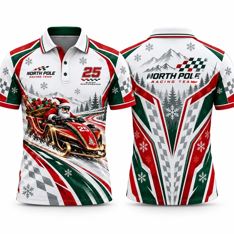 Men North Pole Racing Team Santa Sleigh Print Polo Shirt Short Sleeve Tops Snow Mountain Checkered Flag Xmas Sport polo For Men