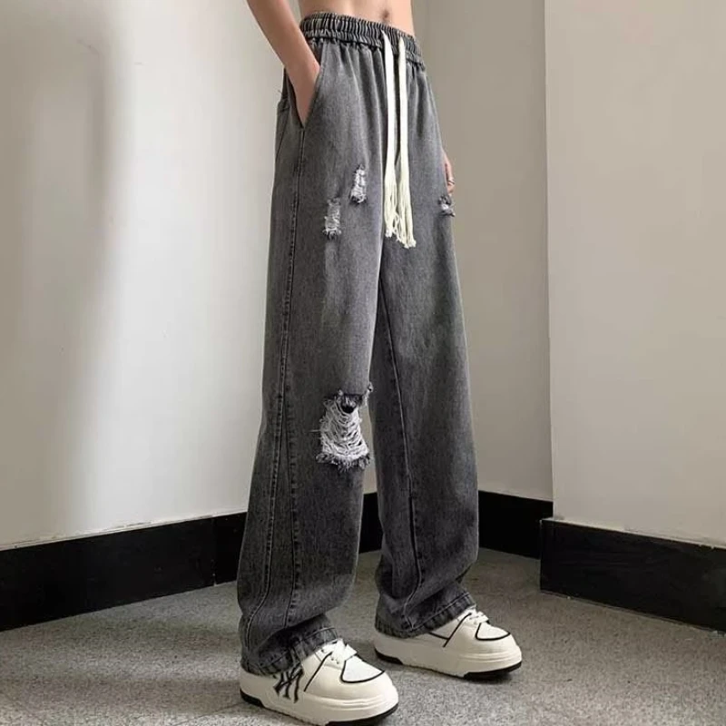 Spring New Ripped Jeans Men American Vintage Loose Wide-legged Straight Full Length Pants High Street Fashion Denim Pants Male