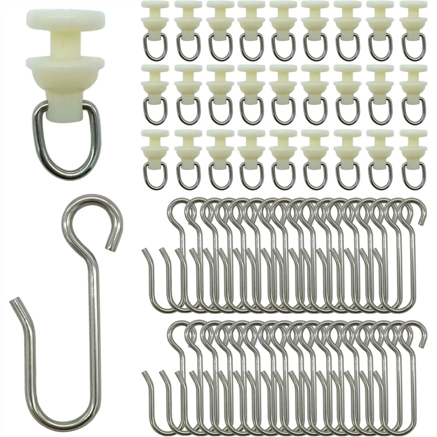 Shower Curtain Track Rollers 50-Pack with Hooks & Gliders, Heavy Duty Stainless Steel and Plastic Pulley for Straight or Curved