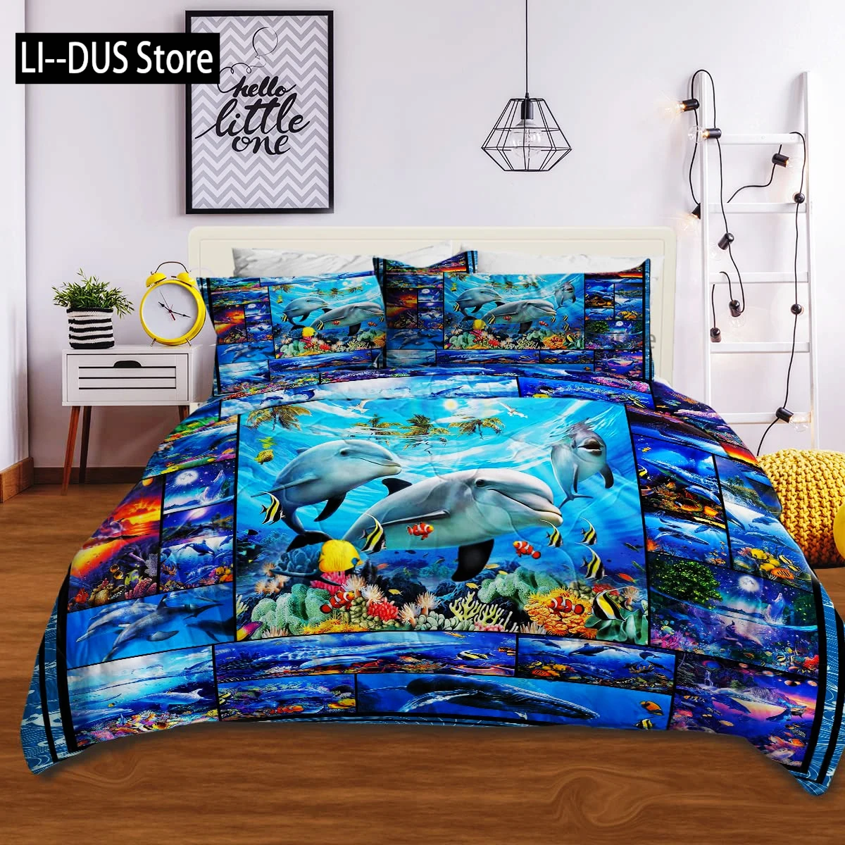 

Blue Dolphin Bedding Set, Comforter Queen Full Size,Ocean Animal Bedding for Boys Kids, Teen Boy Bedding with Pillowcases 3pcs